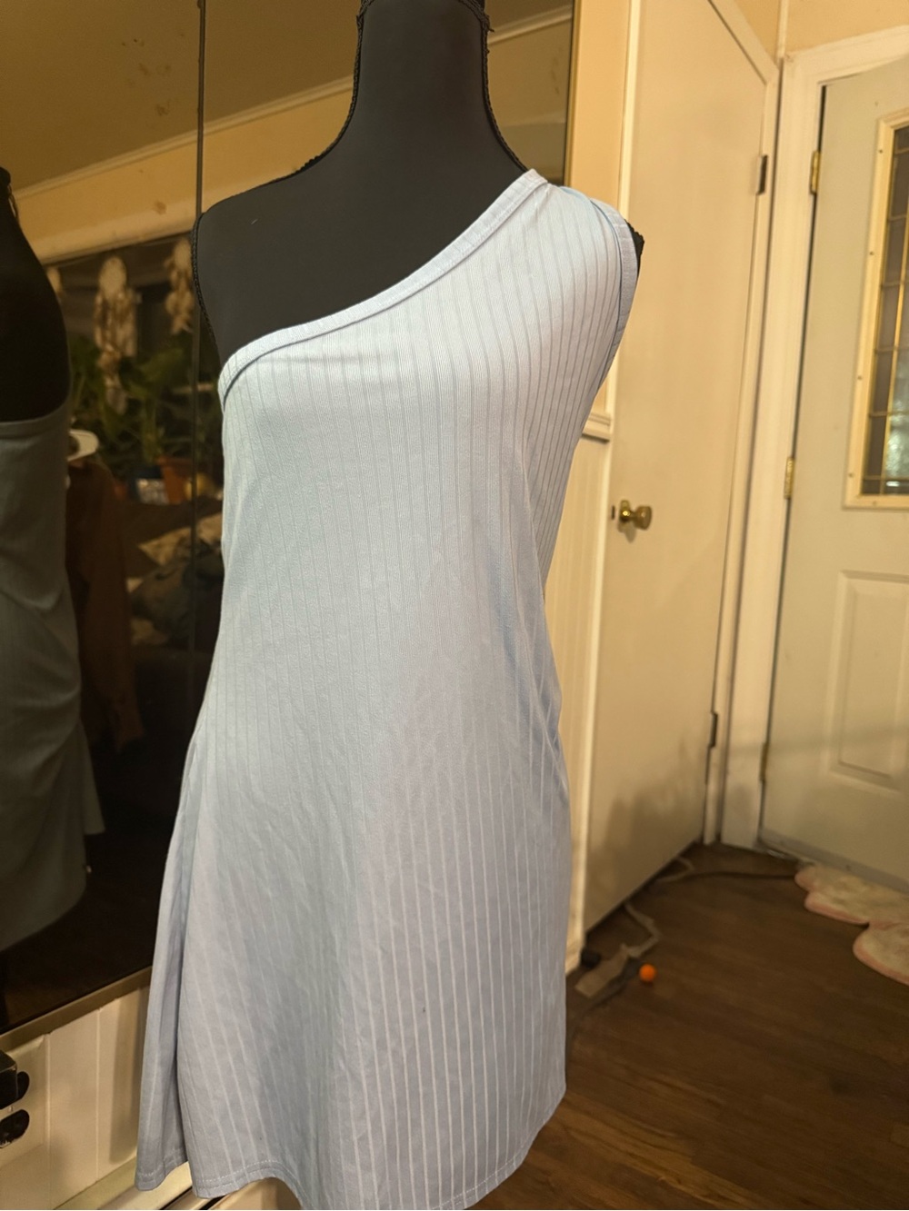Light Blue One-Shoulder Ribbed Women’s Dress